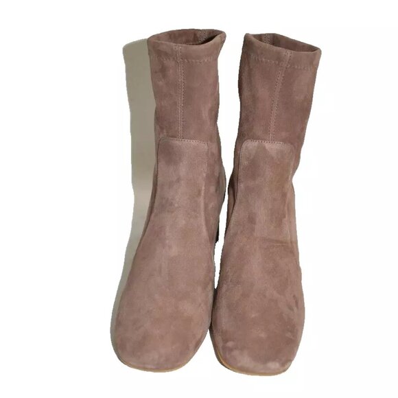 $700 STUART WEITZMAN Flareblock 60MM Suede Booties SQUARE TAUPE SOCK 11.5 (PB22) - Picture 3 of 8